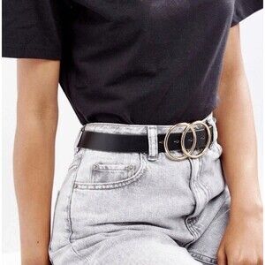 ASOS Black Double O-Ring Belt Rose Gold Hardware Size M